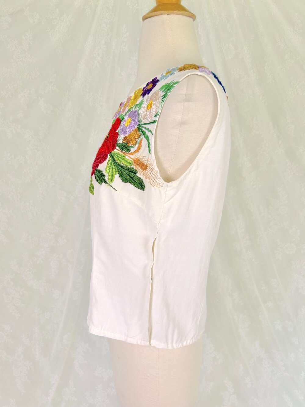 Vintage 1960s Hand-Embroidered White Sleeveless Top, Colorful Floral Folk Blouse - Picture 6 of 13